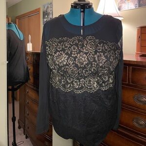 Cacique 22/24, NWT, black/gold lingerie, sheer longsleeve bodysuit, crotch-close